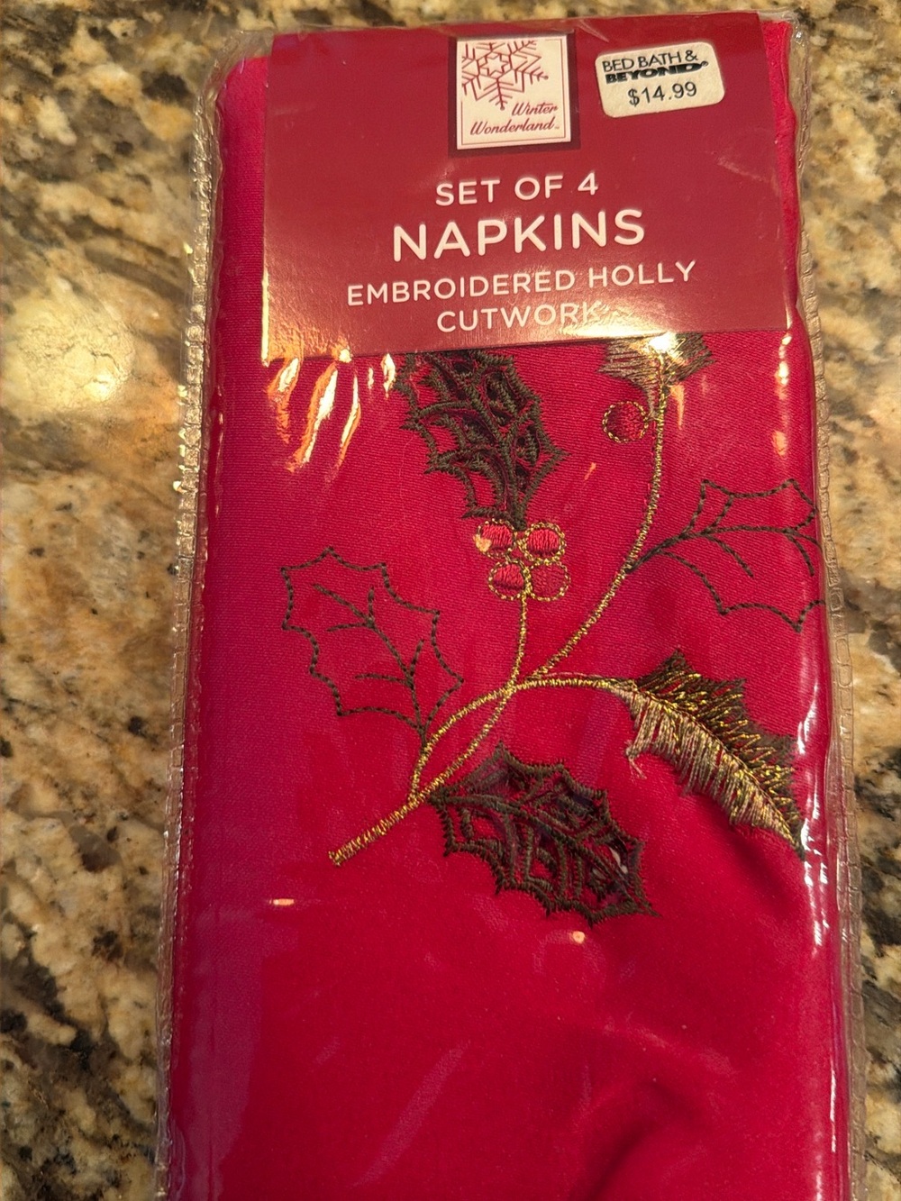 Bed Bath & Beyond Red Napkins with Gold & Green Holly Embroidery - Set of 4
